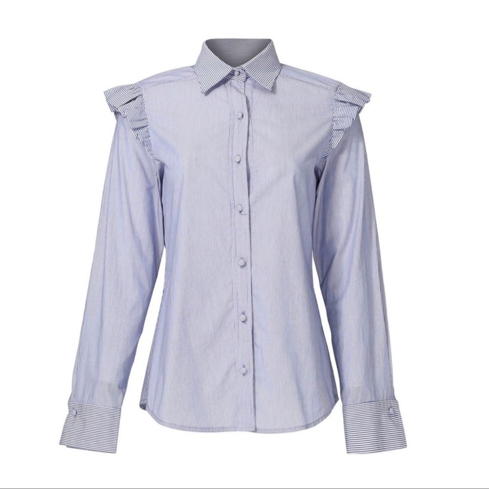 Harvey Faircloth Long sleeve pinstripe ruffle shoulder button up shirt in blue